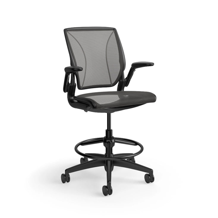 Humanscale World Stool with black mesh, black frame, side view. Kansas City Office Design