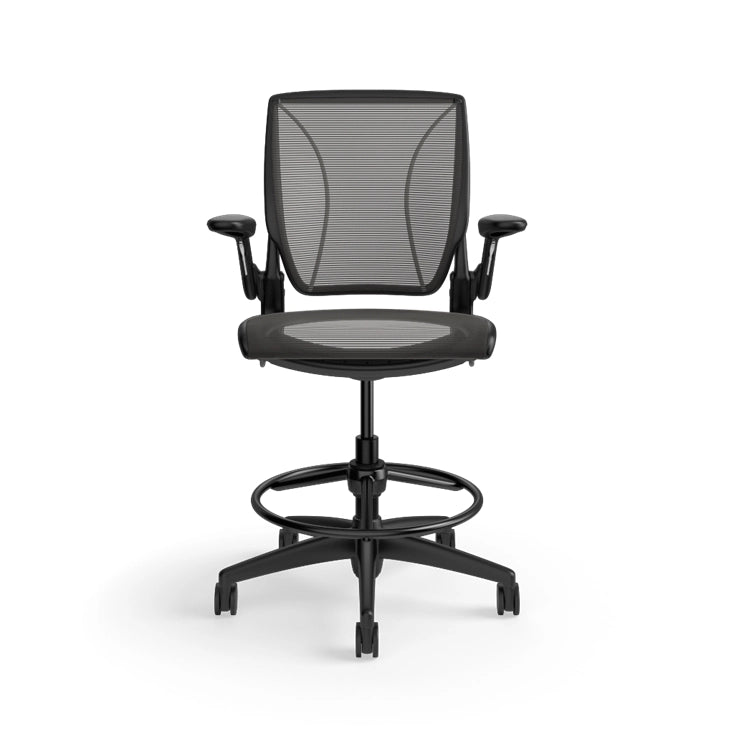 Humanscale World Stool with black mesh, black frame, front view. Kansas City Office Design
