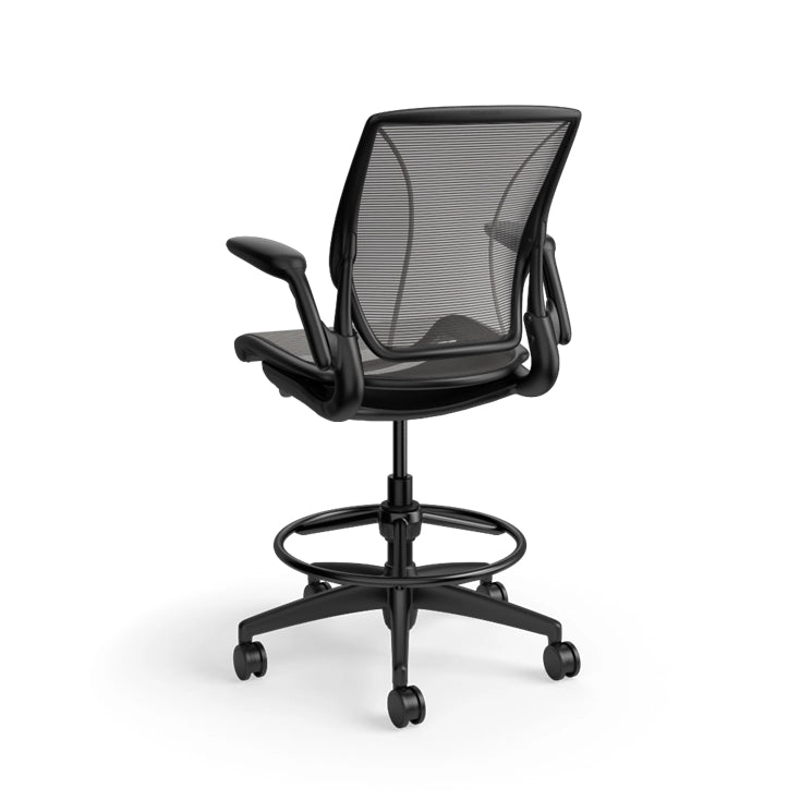 Humanscale World Stool with black mesh, black frame, back view. Kansas City Office Design