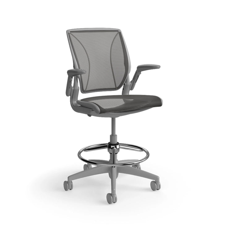 Humanscale World Stool with black mesh, gray frame, side view. Kansas City Office Design