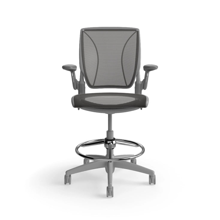 Humanscale World Stool with black mesh, gray frame, front view. Kansas City Office Design