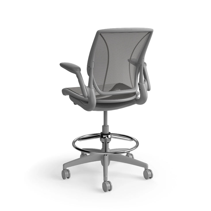 Humanscale World Stool with black mesh, gray frame, back view. Kansas City Office Design