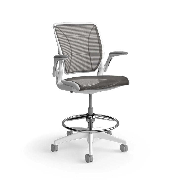 Humanscale World Stool with black mesh, white frame, side view. Kansas City Office Design