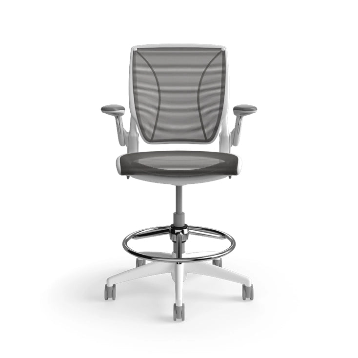 Humanscale World Stool with black mesh, white frame, front view. Kansas City Office Design