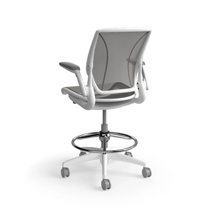 Humanscale World Stool with black mesh, white frame, back view. Kansas City Office Design