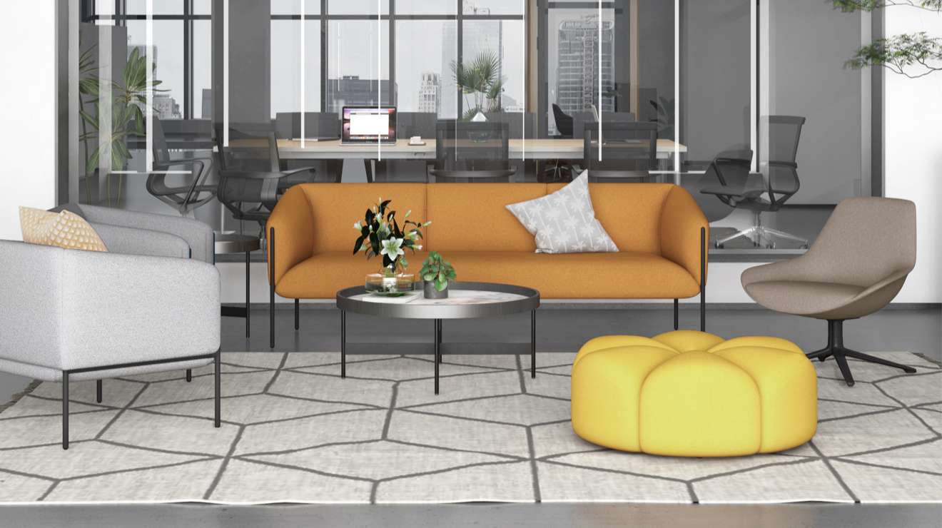 Styled shot of Aras Double Seater Loveseat Sofa in office lounge, Modern minimalist design, contemporary couch, upholstered lobby seating, Kansas City office furniture