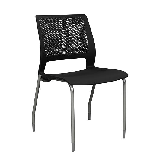 Front view of a SitOnIt Lumin 4Leg Stack Chair in black color with silver frame. Kansas City Office Design.