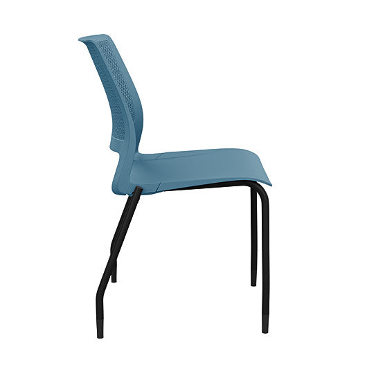 Side view of a SitOnIt Lumin 4Leg Stack Chair in lagoon color with black frame. Kansas City Office Design.