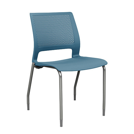 Front view of a SitOnIt Lumin 4Leg Stack Chair in lagoon color with silver frame. Kansas City Office Design.