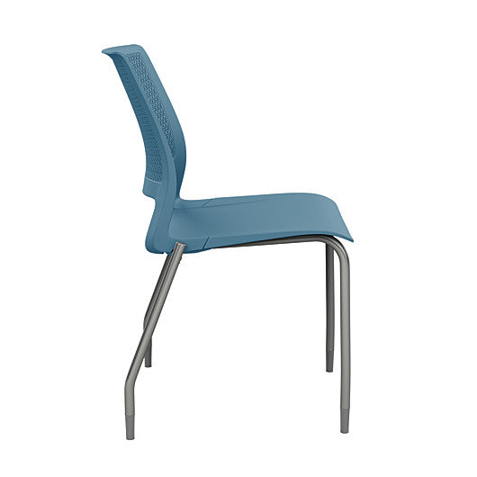 Side view of a SitOnIt Lumin 4Leg Stack Chair in lagoon color with silver frame. Kansas City Office Design.