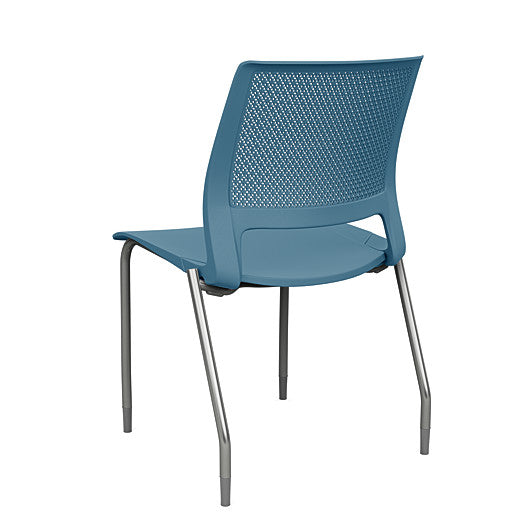 Back view of a SitOnIt Lumin 4Leg Stack Chair in lagoon color with silver frame. Kansas City Office Design.