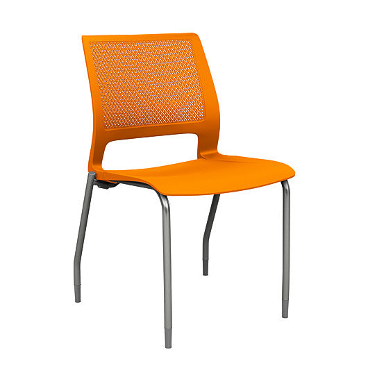 Front view of a SitOnIt Lumin 4Leg Stack Chair in orange color with silver frame. Kansas City Office Design.