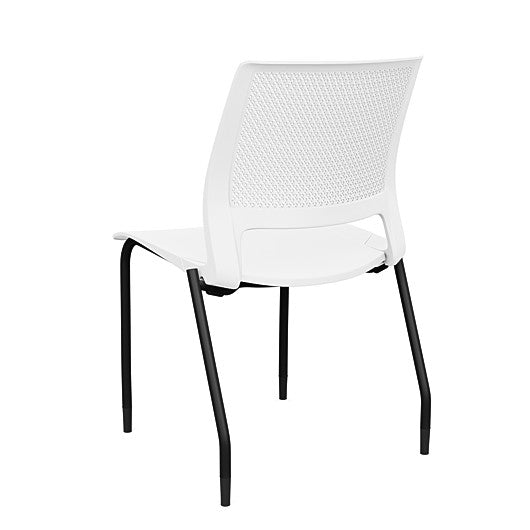 Back view of a SitOnIt Lumin 4Leg Stack Chair in white color with black frame. Kansas City Office Design.