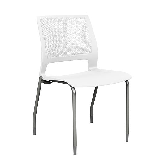 Front view of a SitOnIt Lumin 4Leg Stack Chair in white color with silver frame. Kansas City Office Design.