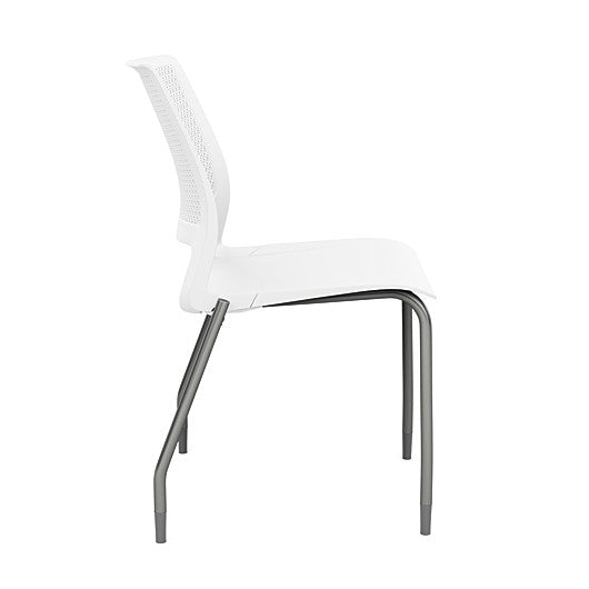 Side view of a SitOnIt Lumin 4Leg Stack Chair in white color with silver frame. Kansas City Office Design.