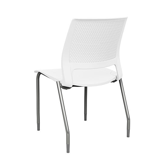 Back view of a SitOnIt Lumin 4Leg Stack Chair in white color with silver frame. Kansas City Office Design.