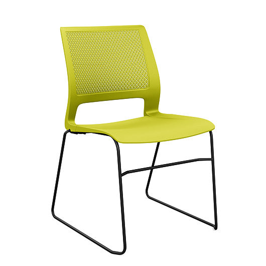 Front view of a SitOnIt Lumin sled base Stack Chair in green color with black frame. Kansas City Office Design.