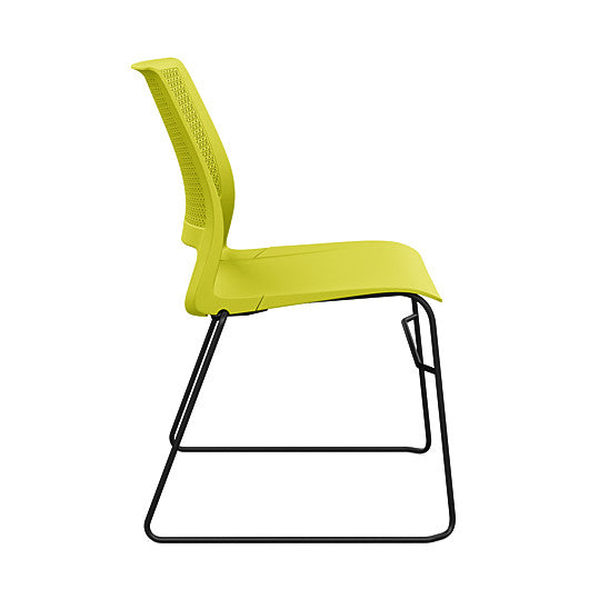 Side view of a SitOnIt Lumin sled base Stack Chair in green color with black frame. Kansas City Office Design.