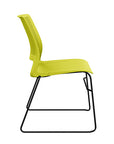 Side view of a SitOnIt Lumin sled base Stack Chair in green color with black frame. Kansas City Office Design.