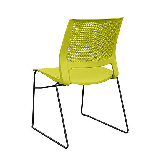 Back view of a SitOnIt Lumin sled base Stack Chair in green color with black frame. Kansas City Office Design.