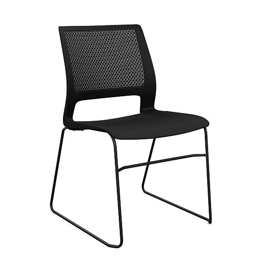 Front view of a SitOnIt Lumin sled base Stack Chair in black color with black frame. Kansas City Office Design.