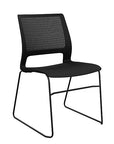 Front view of a SitOnIt Lumin sled base Stack Chair in black color with black frame. Kansas City Office Design.