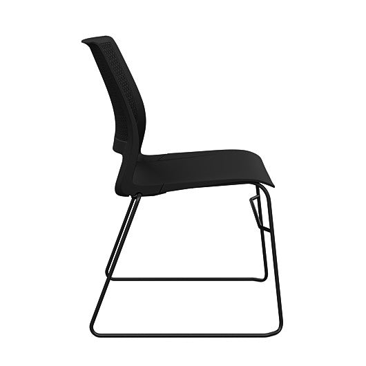 Side view of a SitOnIt Lumin sled base Stack Chair in black color with black frame. Kansas City Office Design.