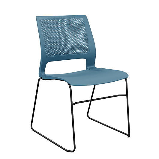 Front view of a SitOnIt Lumin sled base Stack Chair in lagoon color with black frame. Kansas City Office Design.