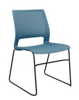 Front view of a SitOnIt Lumin sled base Stack Chair in lagoon color with black frame. Kansas City Office Design.