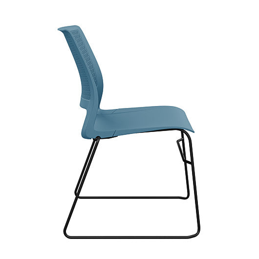 Side view of a SitOnIt Lumin sled base Stack Chair in lagoon color with black frame. Kansas City Office Design.