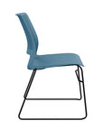 Side view of a SitOnIt Lumin sled base Stack Chair in lagoon color with black frame. Kansas City Office Design.