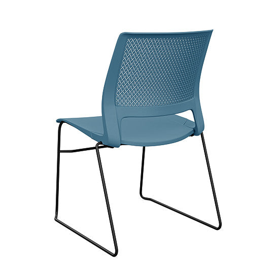 Back view of a SitOnIt Lumin sled base Stack Chair in lagoon color with black frame. Kansas City Office Design.