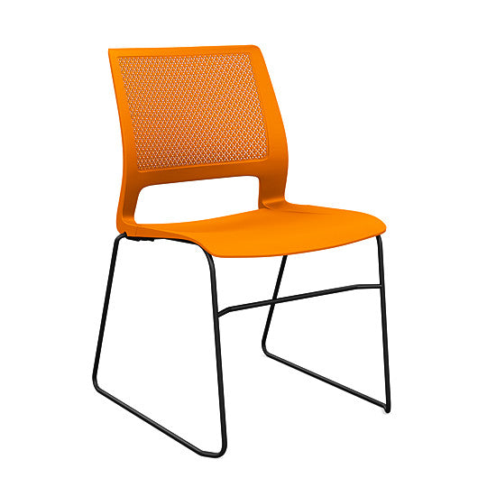 Front view of a SitOnIt Lumin sled base Stack Chair in orange color with black frame. Kansas City Office Design.