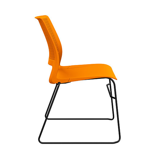 Side view of a SitOnIt Lumin sled base Stack Chair in orange color with black frame. Kansas City Office Design.