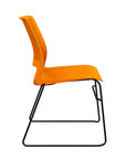 Side view of a SitOnIt Lumin sled base Stack Chair in orange color with black frame. Kansas City Office Design.