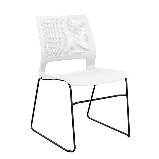 Front view of a SitOnIt Lumin sled base Stack Chair in white color with black frame. Kansas City Office Design.