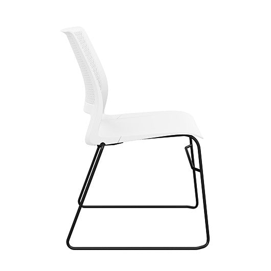 Side view of a SitOnIt Lumin sled base Stack Chair in white color with black frame. Kansas City Office Design.