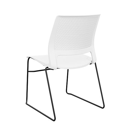 Back view of a SitOnIt Lumin sled base Stack Chair in white color with black frame. Kansas City Office Design.