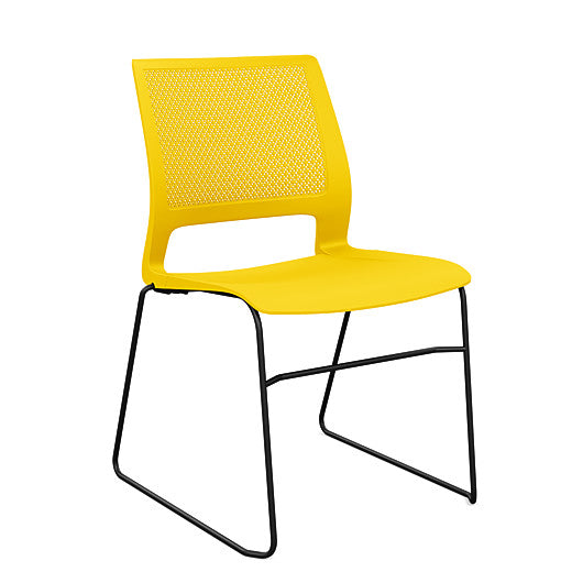 Front view of a SitOnIt Lumin sled base Stack Chair in yellow color with black frame. Kansas City Office Design.