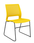 Front view of a SitOnIt Lumin sled base Stack Chair in yellow color with black frame. Kansas City Office Design.