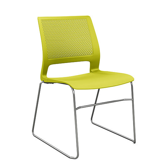 Front view of a SitOnIt Lumin sled base Stack Chair in green color with chrome frame. Kansas City Office Design.
