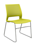 Front view of a SitOnIt Lumin sled base Stack Chair in green color with chrome frame. Kansas City Office Design.