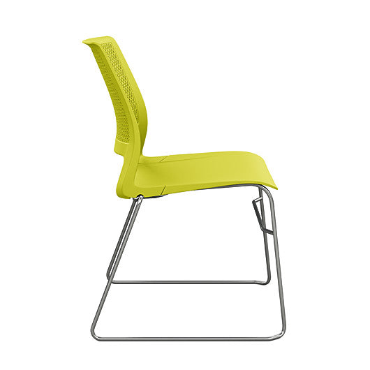 Side view of a SitOnIt Lumin sled base Stack Chair in green color with chrome frame. Kansas City Office Design.