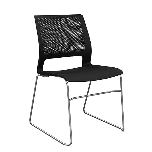 Front view of a SitOnIt Lumin sled base Stack Chair in black color with chrome frame. Kansas City Office Design.