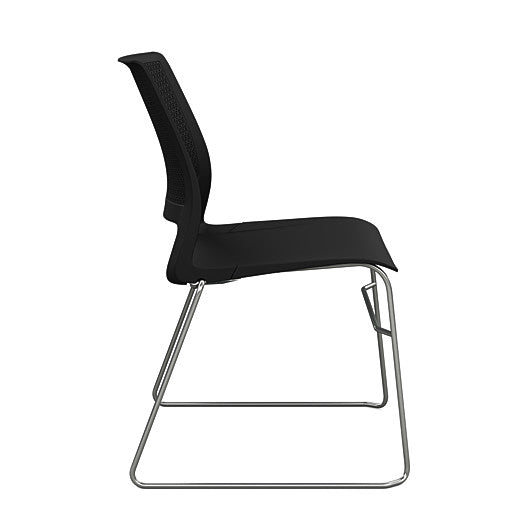 Side view of a SitOnIt Lumin sled base Stack Chair in black color with chrome frame. Kansas City Office Design.