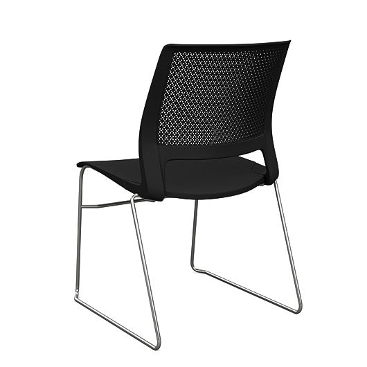 Back view of a SitOnIt Lumin sled base Stack Chair in black color with chrome frame. Kansas City Office Design.