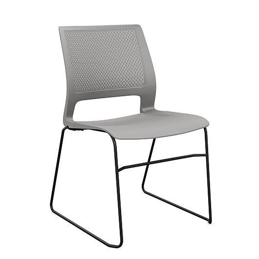 Front view of a SitOnIt Lumin sled base Stack Chair in gray color with black frame. Kansas City Office Design.