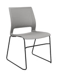 Front view of a SitOnIt Lumin sled base Stack Chair in gray color with black frame. Kansas City Office Design.