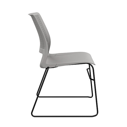 Side view of a SitOnIt Lumin sled base Stack Chair in gray color with black frame. Kansas City Office Design.