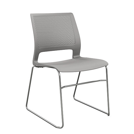 Front view of a SitOnIt Lumin sled base Stack Chair in gray color with chrome frame. Kansas City Office Design.